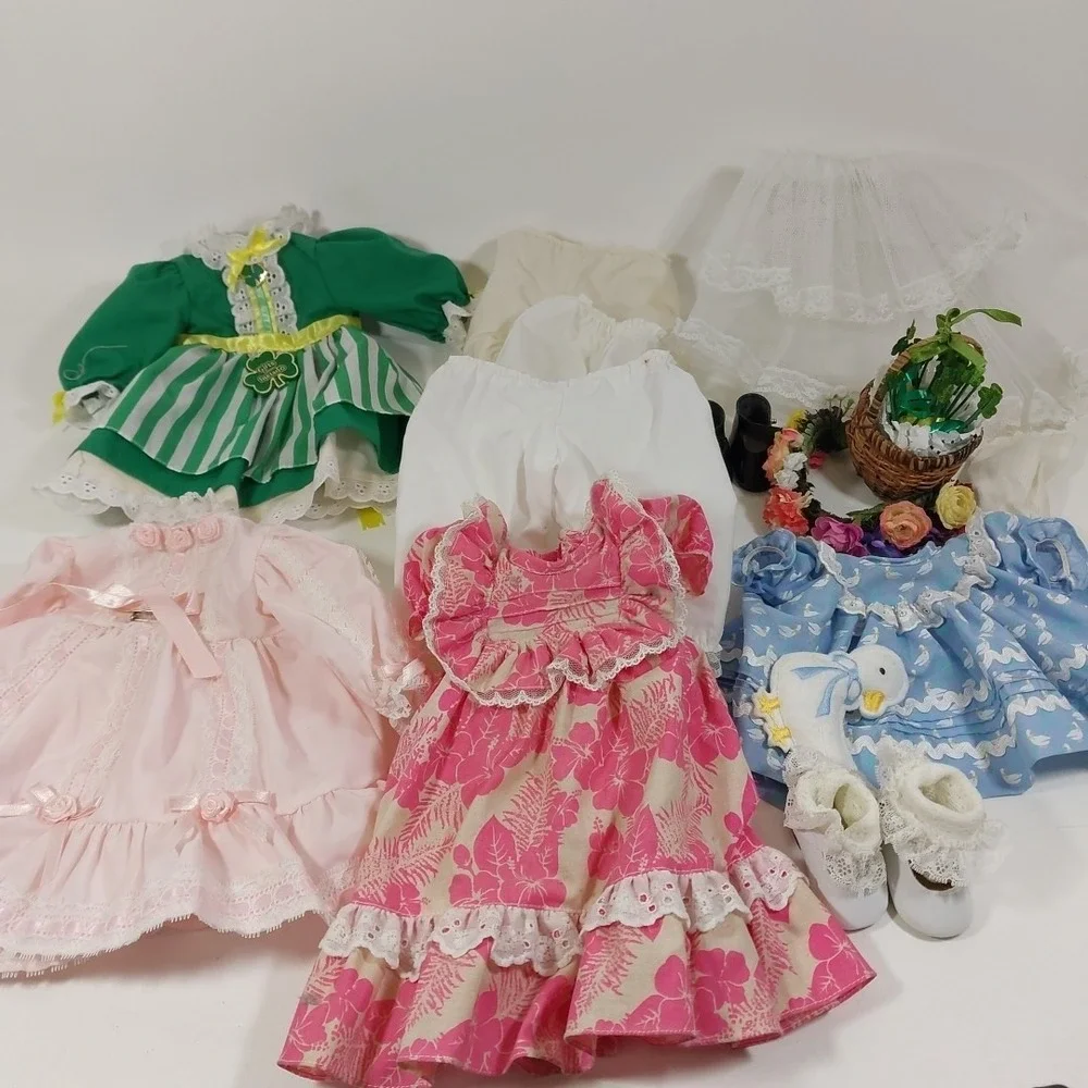 Vtg Lot Doll Clothes Accesories Irish Hawaiian Christening Duck Shoes Headband